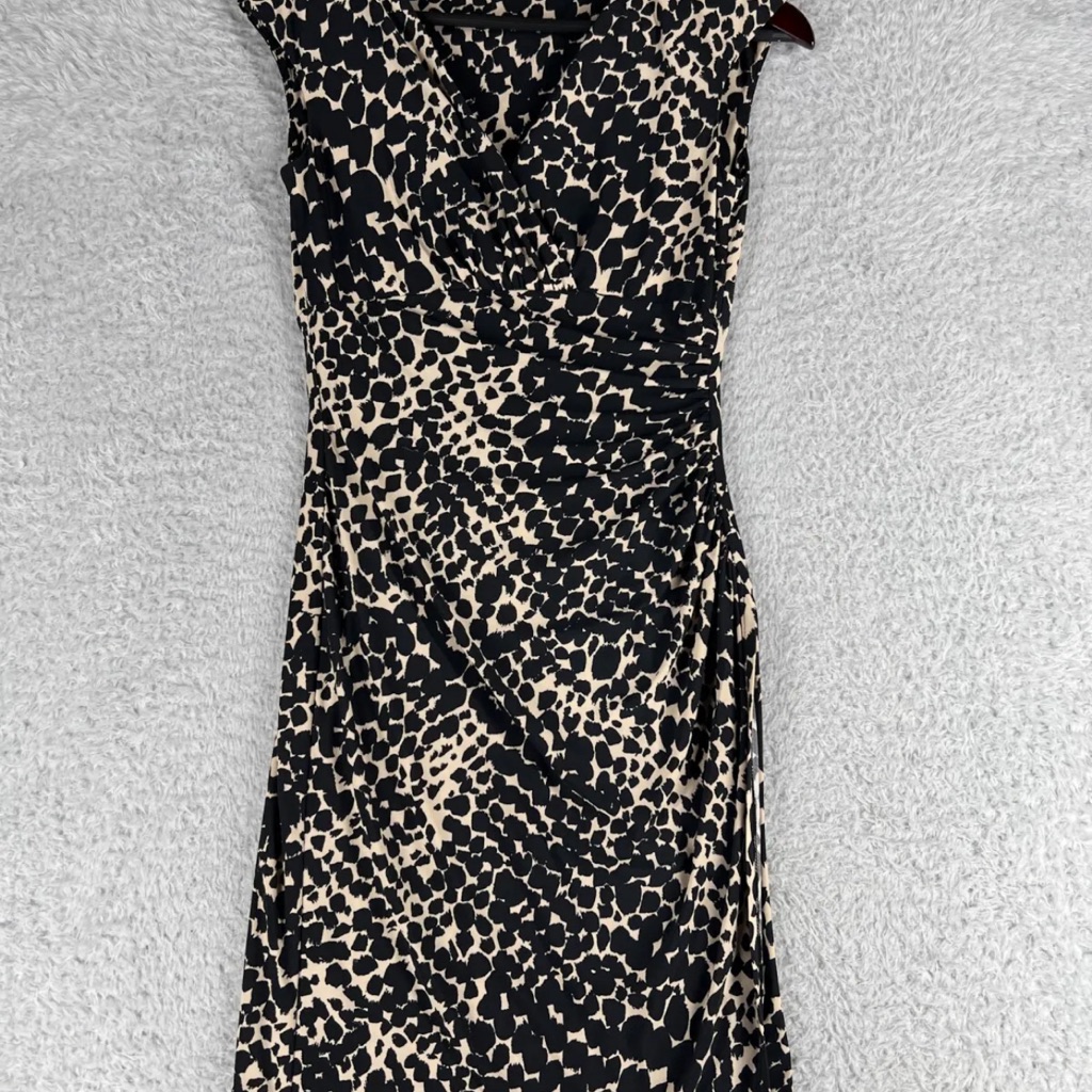 Ralph Lauren Dress Womens 4 Black Beige Cheetah Print Stretch Party Euc